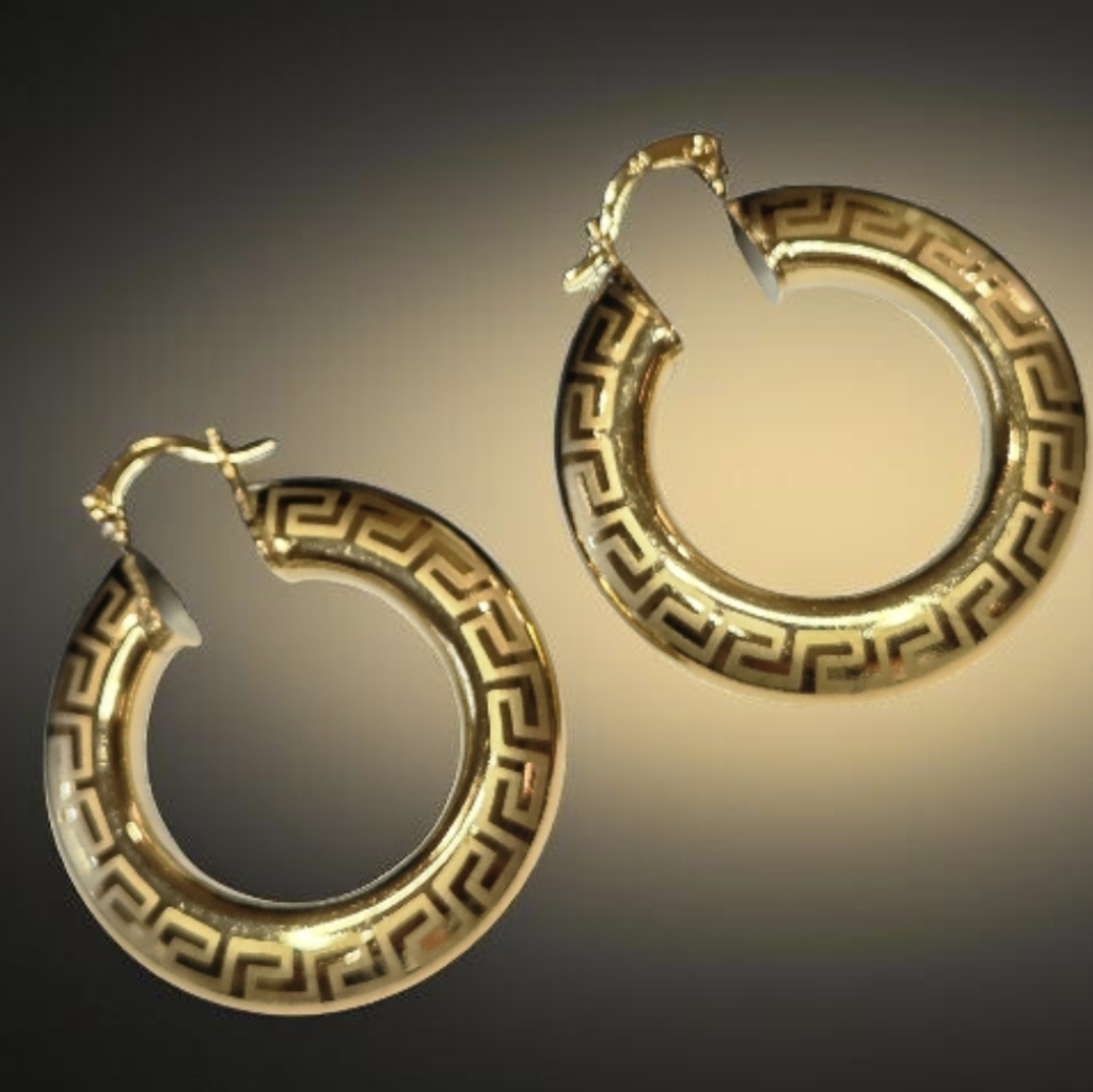 New 18k Gold Plated Luxury Chunky Greek Key 1.5" Hoop Earrings